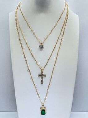 Gold Tone Layered Cross Emerald Green Crystal Necklace Boho Chic